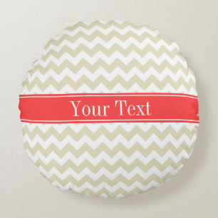 Sand Beige White Chevron Coral Red Name Monogram Round Cushion