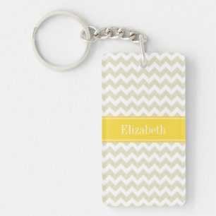 Sand Beige White Chevron Pineapple Name Monogram Key Ring