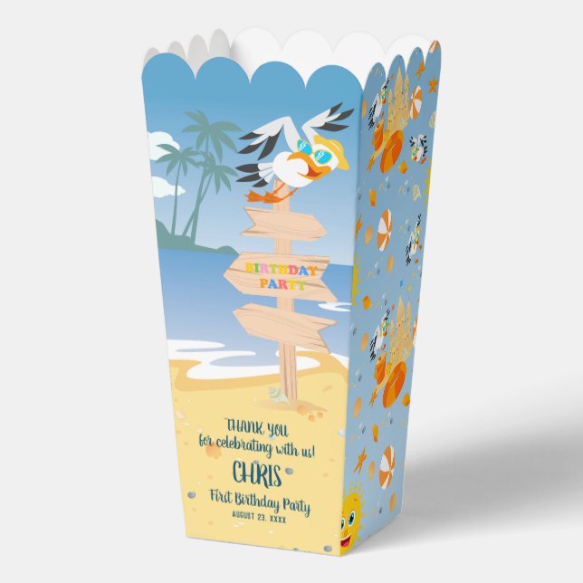 Sand castle beach fun baby boy birthday party favour box (Front)