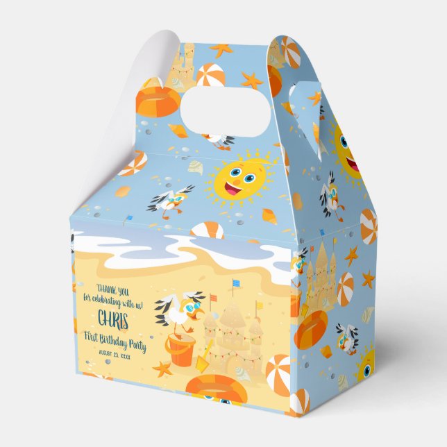 Sand castle beach fun baby boy birthday party favour box (Front Side)