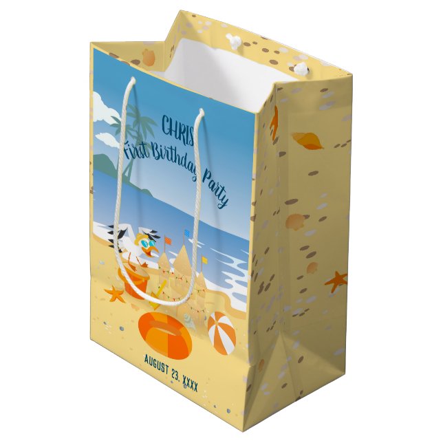 Sand castle beach fun baby boy birthday party medium gift bag (Front Angled)