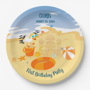 Sand castle beach fun baby boy birthday party paper plate