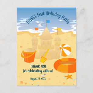 Sand castle beach fun baby boy birthday party postcard