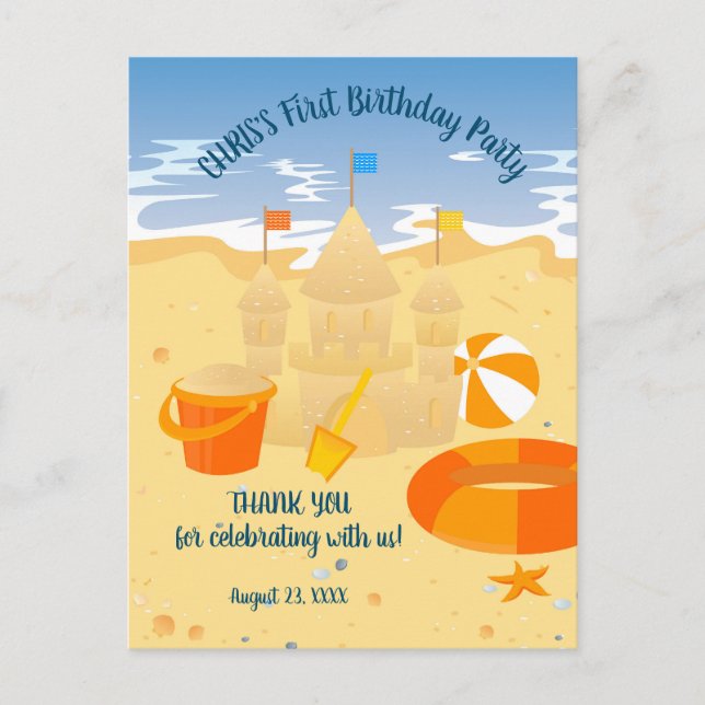 Sand castle beach fun baby boy birthday party postcard (Front)