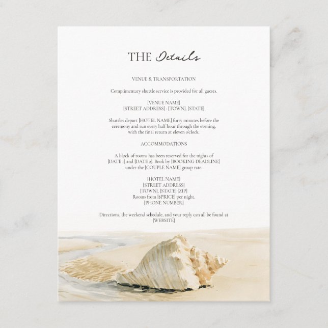 Sand Cream Shell Coast Script Wedding Details  Enclosure Card (Front)