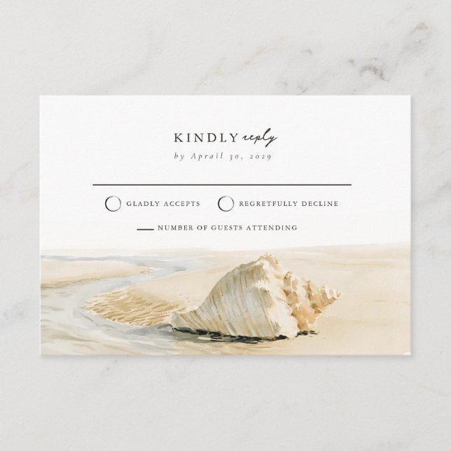 Sand Cream Shell Mail Back Beach Wedding RSVP Card (Front)