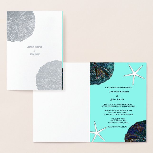 Sand Dollar Abstract Seashells Beach Wedding Teal  Foil Card (Display)