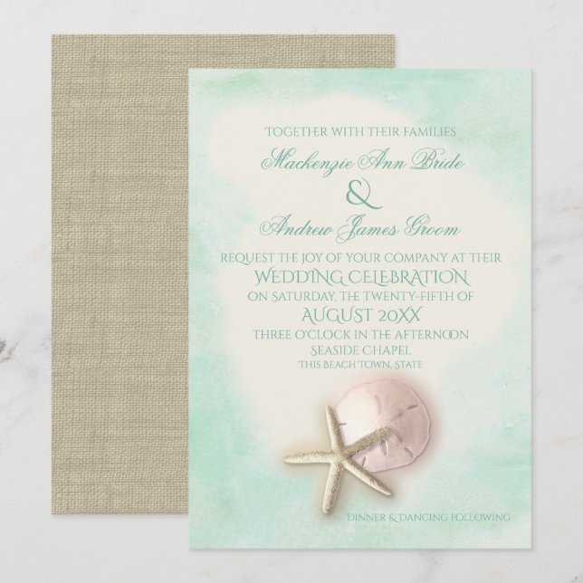 Sand Dollar and Starfish Aqua Mint Wedding Invitation (Front/Back)