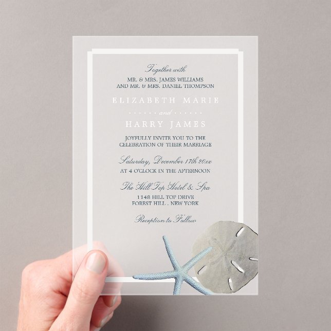 Sand Dollar and Starfish Beach Wedding Acrylic Invitations (Insitu (Handheld))