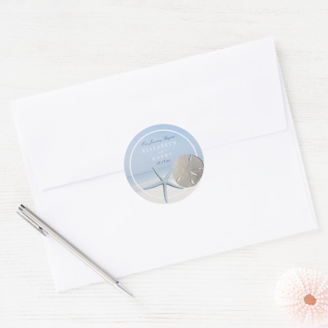 Sand Dollar and Starfish Beach Wedding Classic Round Sticker (Envelope)