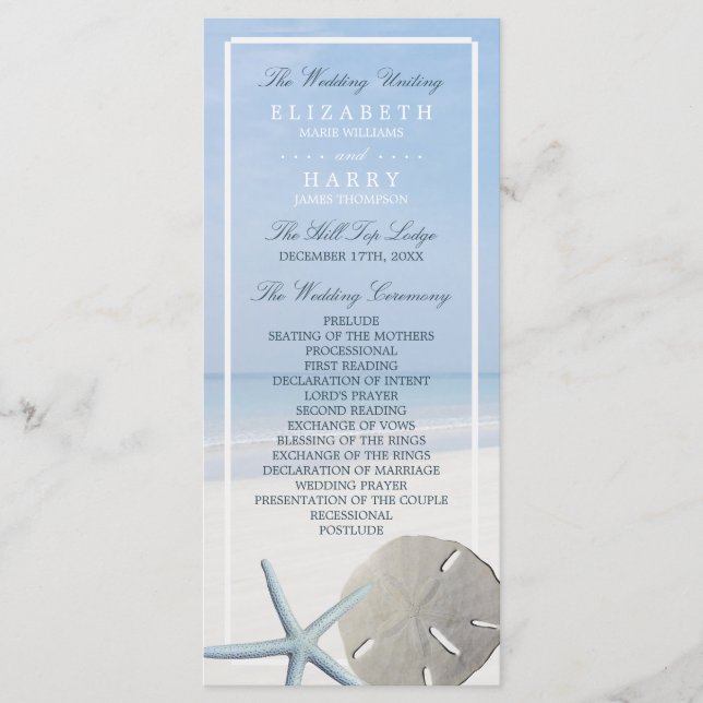 Sand Dollar and Starfish Beach Wedding Program Programme (Front)