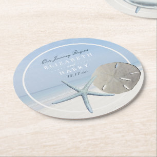 Sand Dollar and Starfish Beach Wedding Round Paper Coaster
