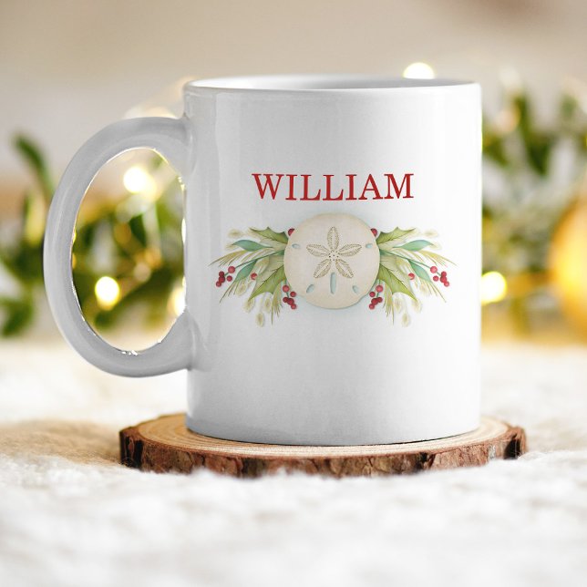 Sand Dollar Beach Coastal Christmas Coffee Mug (An elegant coastal beach themed Christmas mug, featuring a sand dollar and sea grass. Add your name.)