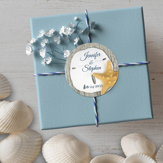 Sand Dollar Beach Driftwood Rustic Wedding Classic Round Sticker (Creator Uploaded)