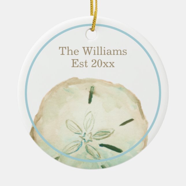 Sand Dollar Beach Name & Anniversary Ceramic Tree Decoration (Front)