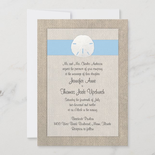 Sand Dollar Beach Wedding Invitation Sky Blue (Front)