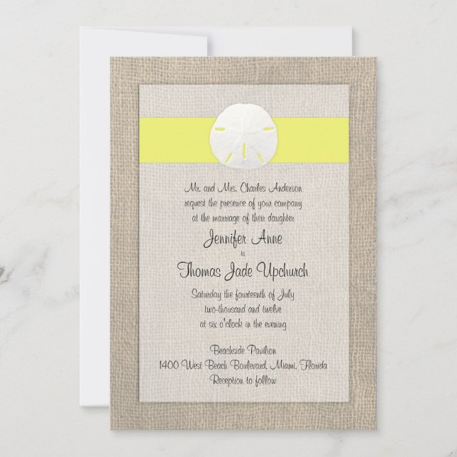 Sand Dollar Beach Wedding Invitation - Yellow (Front)
