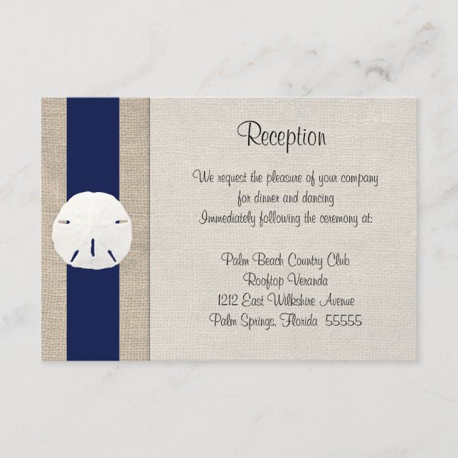 Sand Dollar Beach Wedding Reception Card Navy (Front)