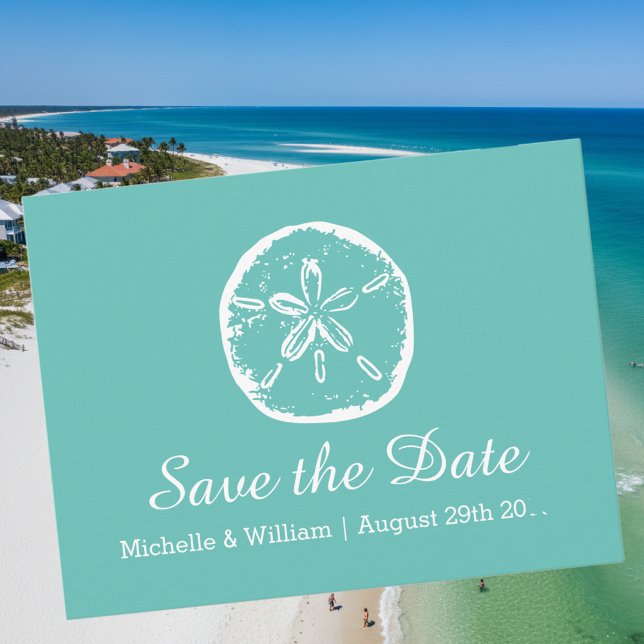 Sand dollar beach wedding save the date cards (save the date beach wedding card with sand dollar logo)