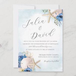 Sand Dollar Blue Floral Beach Wedding Invitation