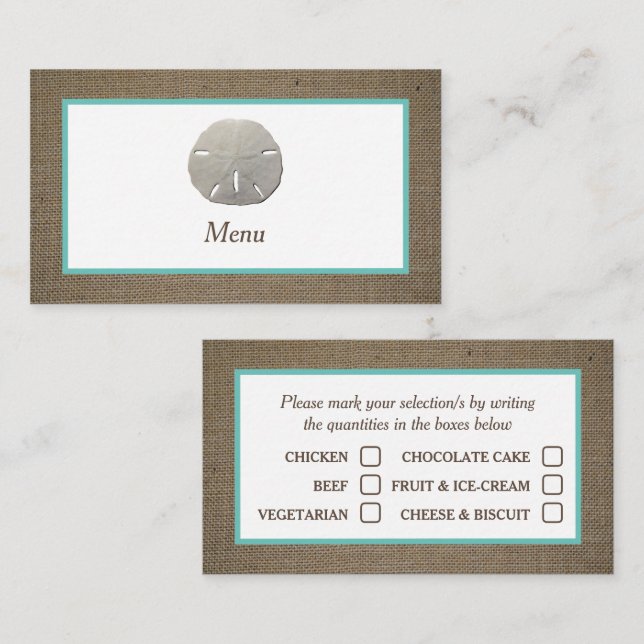 Sand Dollar & Burlap Menu Selection Card (Front/Back)