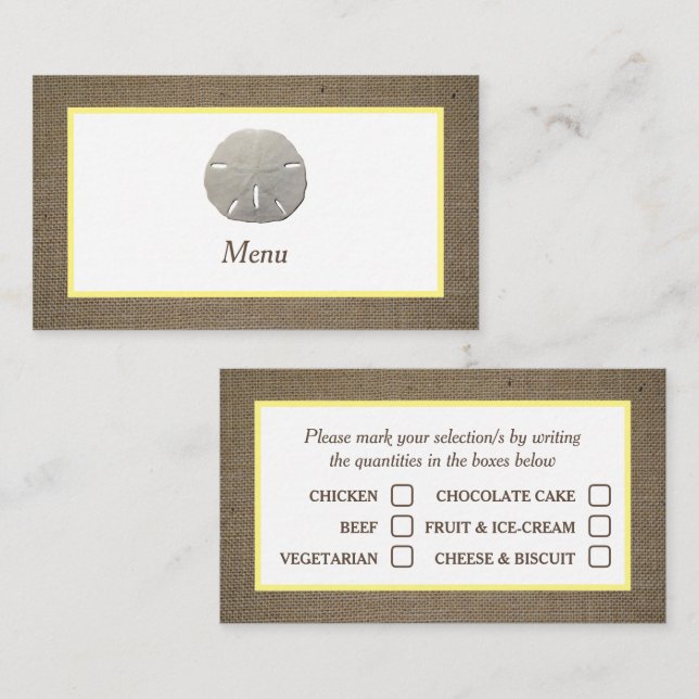 Sand Dollar & Burlap Menu Selection Card (Front/Back)
