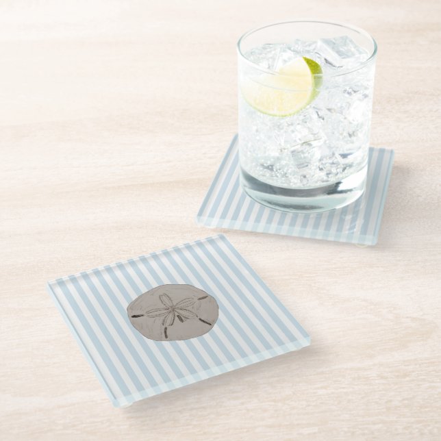 Sand Dollar Coastal Painting Nautical Stripe  Glass Coaster (Angled)