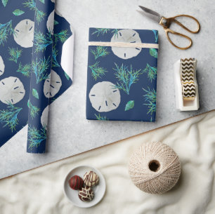 Sand Dollar Deep Sea Blue Coastal Themed Wrapping Paper
