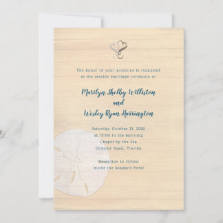 Sand Dollar Hearts Wood Beach Ceremony Wedding Invitation