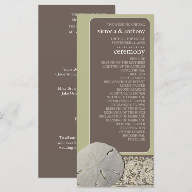 Sand dollar Lace, Vintage Beach Wedding Programme (Front/Back)