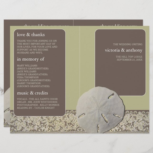 Sand dollar Lace, Vintage Beach Wedding Programme (Front/Back)