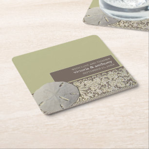 Sand dollar Lace, Vintage Beach Wedding Square Paper Coaster
