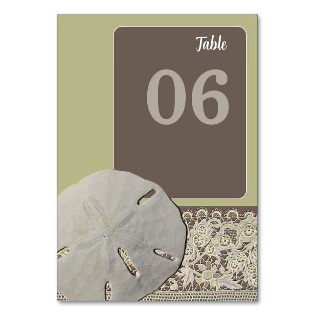 Sand dollar Lace, Vintage Beach Wedding Table Number (Front)