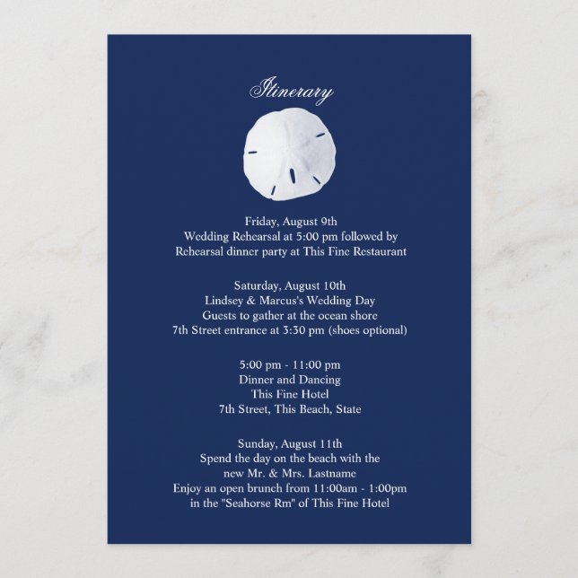 Sand Dollar Navy Blue Wedding Intinerary Programme (Front)