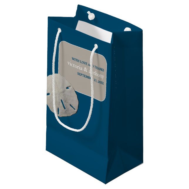 Sand dollar, Ocean Blue Beach Wedding Favour Small Gift Bag (Front Angled)