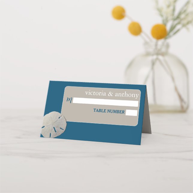 Sand dollar, Ocean Blue Beach Wedding Place Card (Front)