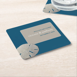 Sand dollar, Ocean Blue Beach Wedding Square Paper Coaster