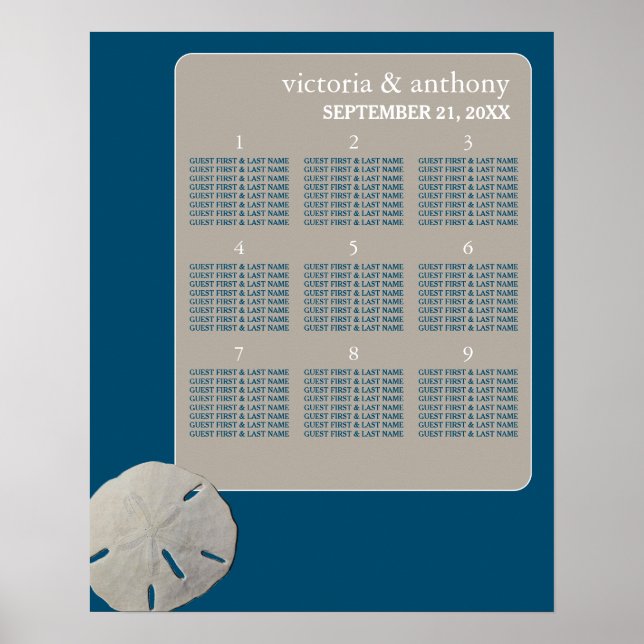 Sand dollar, Ocean Blue Beach Wedding Table Plan Poster (Front)
