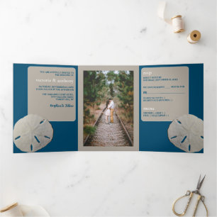 Sand dollar, Ocean Blue Beach Wedding Tri-Fold Invitation