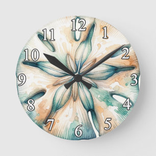 Sand Dollar Ocean Splash Sea Watercolor Wedding Round Clock