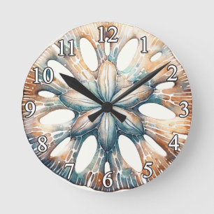 Sand Dollar Ocean Splash Sea Watercolor Wedding Round Clock