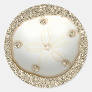 Sand dollar on sparkly gold beach sand classic round sticker