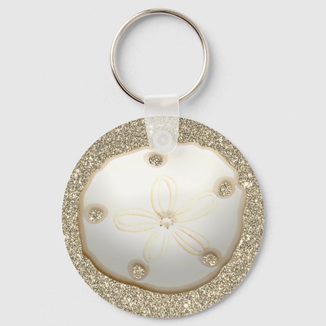 Sand dollar on sparkly gold beach sand key ring (Front)
