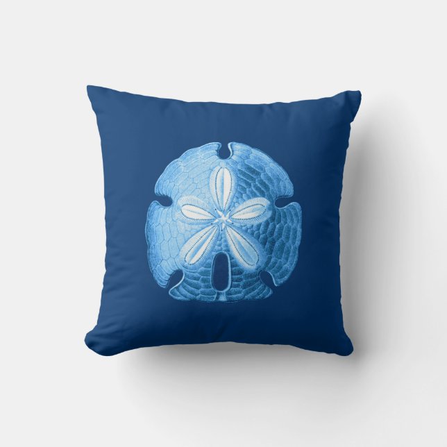 Sand Dollar Sea Life Print, Indigo Blue and White Cushion (Front)