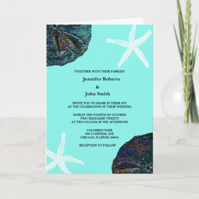Sand Dollar Sea Shells Teal Abstract Beach Wedding Invitation (Front)