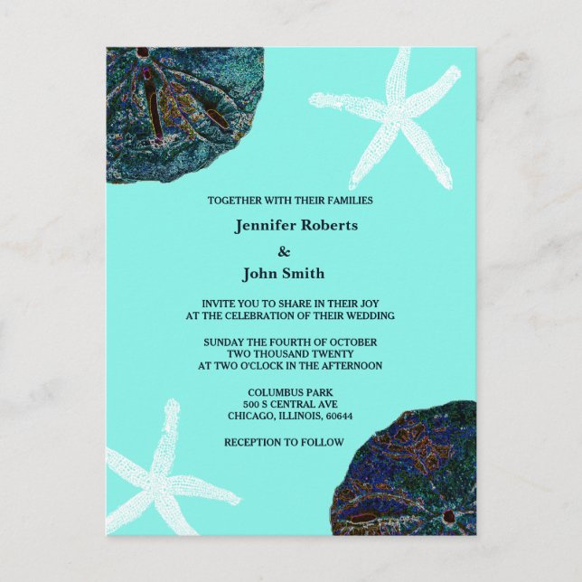 Sand Dollar Sea Shells Teal Abstract Beach Wedding Invitation Postcard (Front)