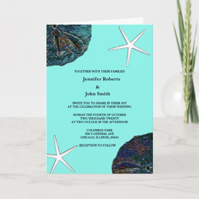Sand Dollar Sea Shells Teal Artsy Beach Wedding Invitation (Front)