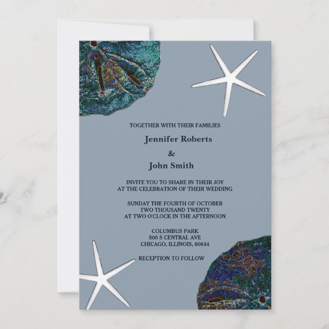Sand Dollar Seashell Art Dusty Blue Beach Wedding Invitation (Front)