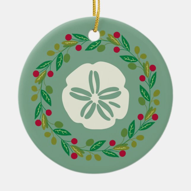 Sand Dollar Seashell Christmas Wreath Ceramic Tree Decoration (Front)