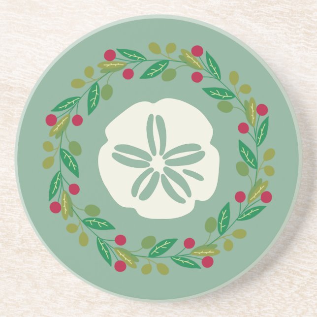 Sand Dollar Seashell Christmas Wreath Coaster (Front)